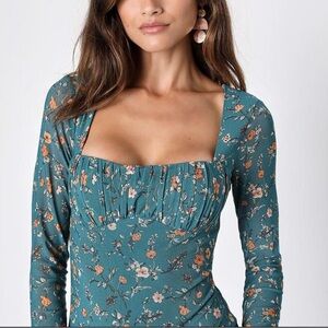 NWT Lulus Blooming With Bliss Floral Long Sleeve Bodysuit Size Large